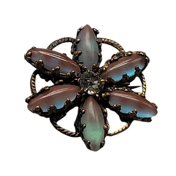 Victorian Saphiret Paste Flower Brooch Rare Czech Glass Antique Gold Tone - Picture 1 of 7